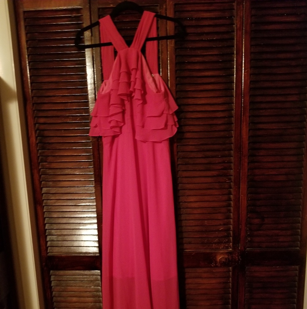 A-line Y-neck floor length chiffon fuschia gown